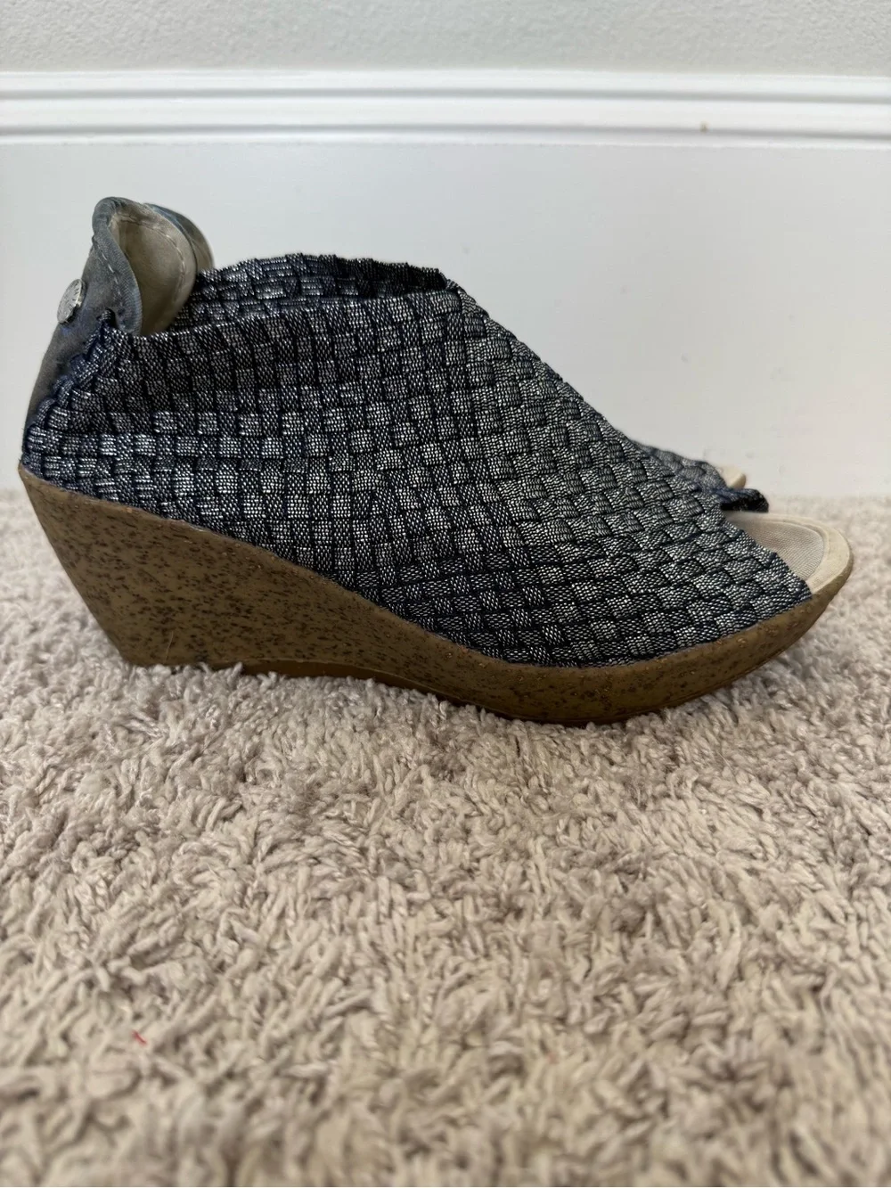 bernie mev. Blue Sparkle Woven Open-Toe Wedge Sandals
